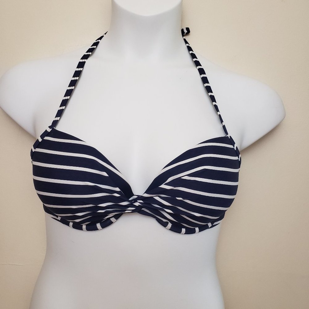 Aerie Perkier Push-up Pigeonnant Bikini Top NWT Navy/White Nautical 36C